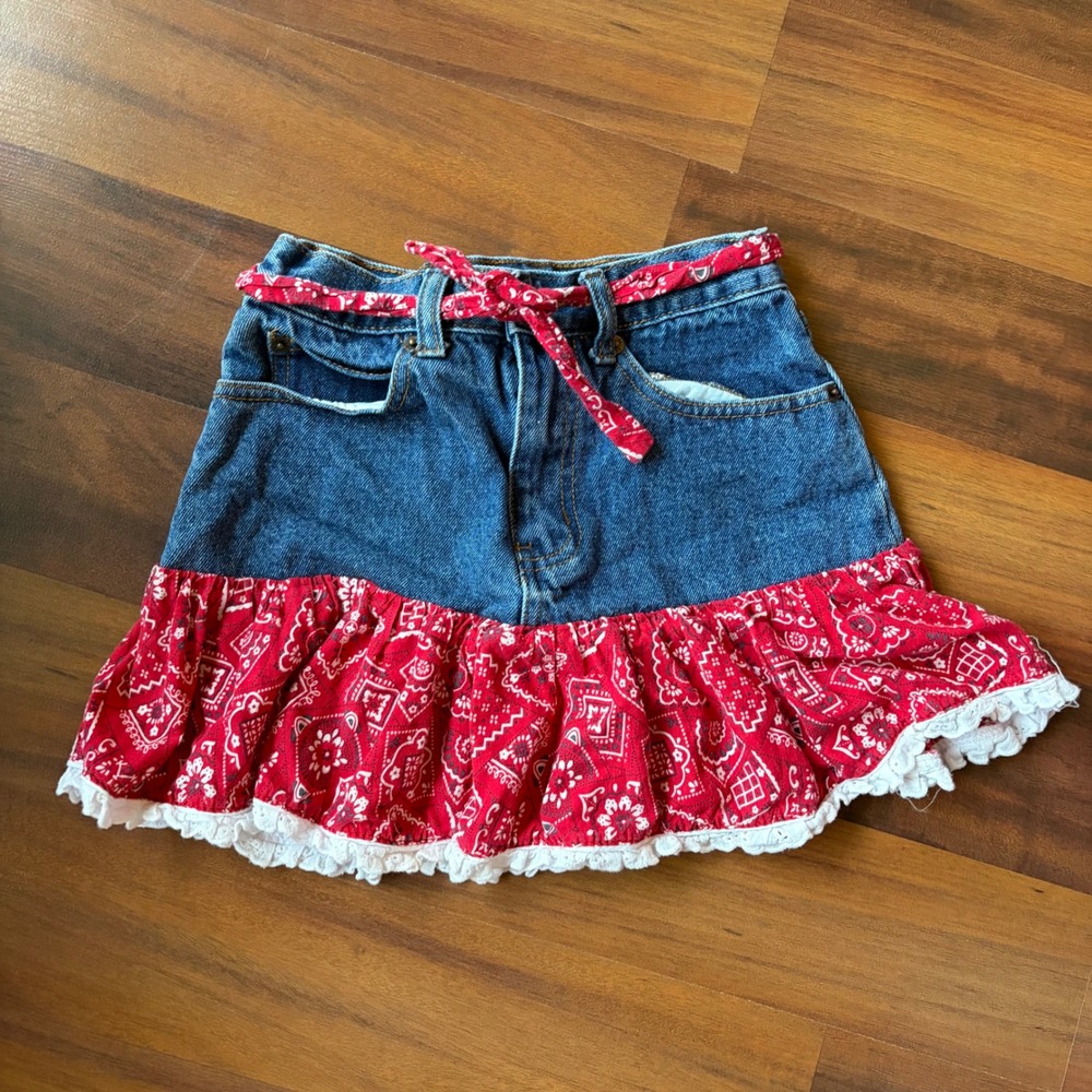 Kiddie Korral Kids Blue Denim Bandana Ruffle Skirt Red Lace Trim Size 10 #10-RED